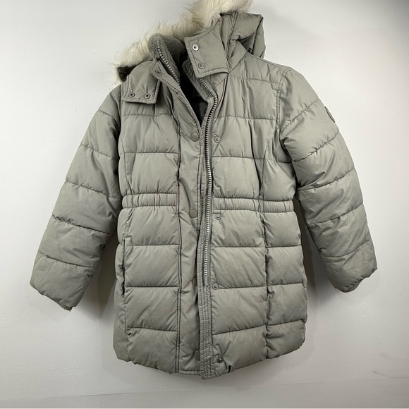 Abercrombie Kids Puffer Coat Gray Sage Green Fur Hood–Size 7/8 – Great Condition - Picture 5 of 16